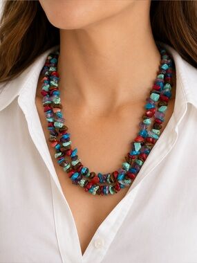 ATI Faux Turquoise Coral Tiger Eye Necklace Sterling Silver Clasp